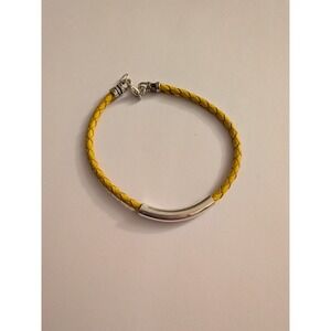 Yellow Braided Leather Cord Bracelet Silver Tone Tube Bead Lobster Clasp 7.5 In